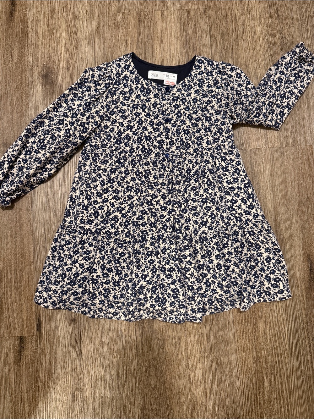 Zara Navy and White Floral Long-Sleeve dress